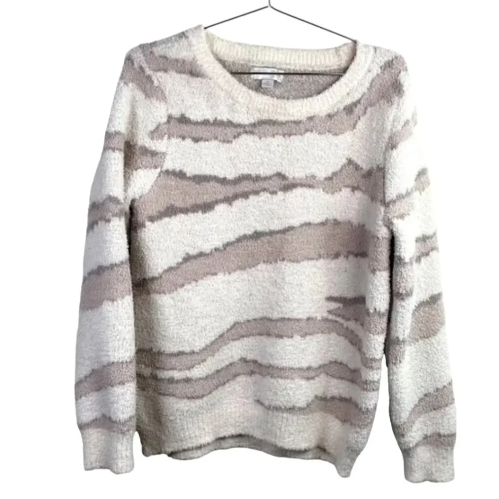 Barefoot Dreams CozyChic Seaside CrewNeck Pullover Sweater Cream Zebra Ivory - Picture 6 of 10